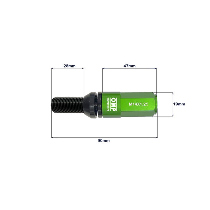 Omp OMPS09971408 Boulons De Roue Aluminium M14x1.25 28mm Vert/Noir 20 Pièces