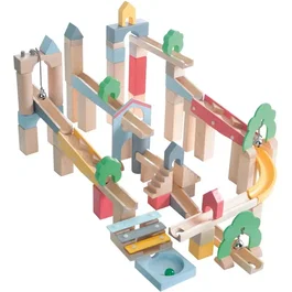 Roba - Circuit à Billes en Bois avec 60 Briques de Construction, 20 Billes en Verre - Jouet Éducatif pour Enfants dès 3 Ans - Naturel, Ciel, Jaune, Corail