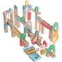 Roba - Circuit à Billes en Bois avec 60 Briques de Construction, 20 Billes en Verre - Jouet Éducatif pour Enfants dès 3 Ans - Naturel, Ciel, Jaune, Corail