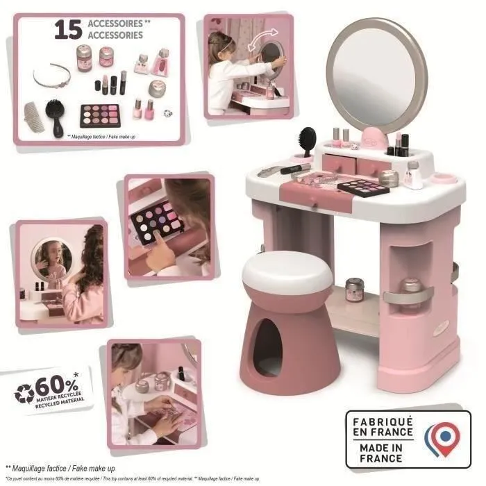 Smoby My Beauty Coiffeuse pour Enfant Dès 3 Ans avec Miroir, Tiroirs et 15 Accessoires de Coiffure, Onglerie et Maquillage Factice - Jouet en Plastique Recyclé Fabriqué en France
