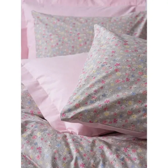 Parure de lit housse de couette 220 x 240 cm et 2 taies d'oreiller 60 x 60 cm, 100% coton percalé, couleur rose et gris, lavable machine