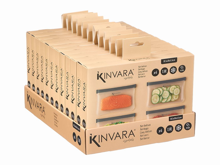 Kinvara Lot de 4 Sacs PEVA 1800 ml Transparent et Gris 26,5 x 25 x 3,2 cm (Set de 24)