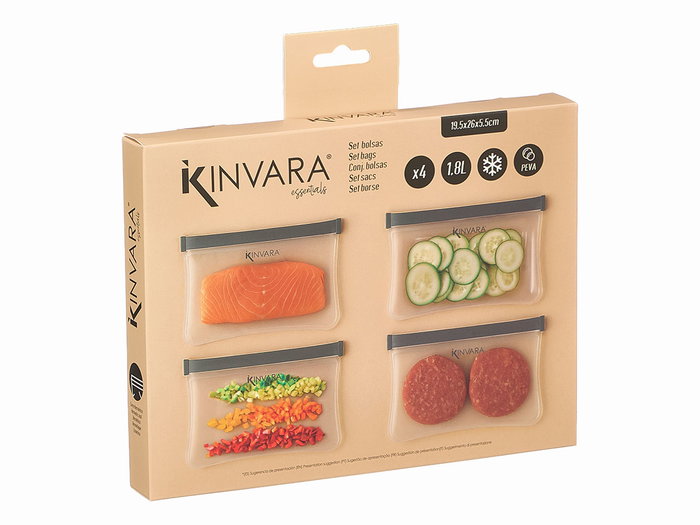 Kinvara Lot de 4 Sacs PEVA 1800 ml Transparent et Gris 26,5 x 25 x 3,2 cm (Set de 24)