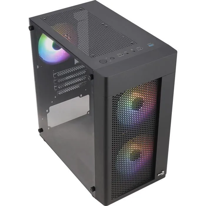 Aerocool Hexform G v2 Noir - Boîtier PC Mini tour Micro-ATX/Mini-ITX, façade mesh, 3 ventilateurs RGB 12 cm, panneau latéral verre trempé, USB 3.0