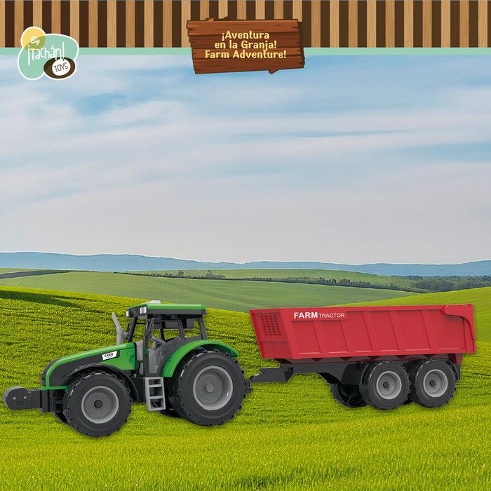 Tachan - Tractor Vert avec Remorque 1:32 à Friction, Lumière LED et Son - Référence T0105