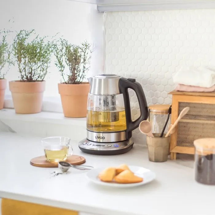 Livoo DOD165 - Bouilloire théière électrique 1,7 L, verre, grise, 2200 W avec réglage température variable 40-100 °C, infusion, maintien au chaud et arrêt automatique Livoo DOD165 - Bouilloire théière électrique 1,7 L, verre, grise, 2200 W avec réglage température variable 40-100 °C, infusion, maintien au chaud et arrêt automatique