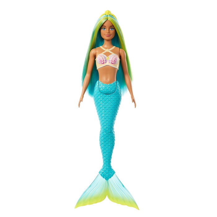 Barbie Poupée Sirène avec cheveux bleu et jaune et nageoire turquoise