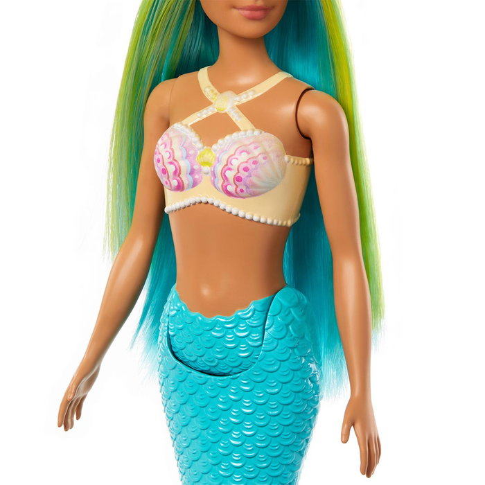 Barbie Poupée Sirène avec cheveux bleu et jaune et nageoire turquoise