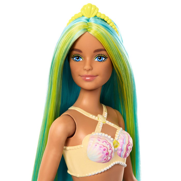 Barbie Poupée Sirène avec cheveux bleu et jaune et nageoire turquoise