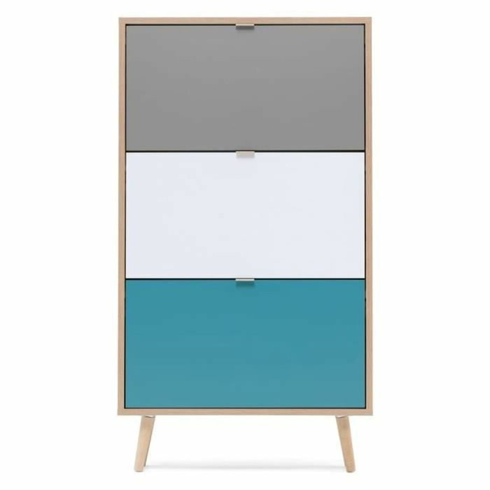 Meuble à chaussures CUBA - Décor Chêne blanc et bleu - L70 x P24 x H125 cm Meuble à chaussures CUBA - Décor Chêne blanc et bleu - L70 x P24 x H125 cm