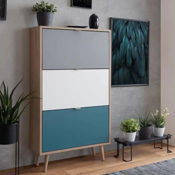 Finori Armoire à chaussures C-uba 42 en chêne Sonoma, design scandinave avec façades tricolores pour entrée Finori Armoire à chaussures C-uba 42 en chêne Sonoma, design scandinave avec façades tricolores pour entrée
