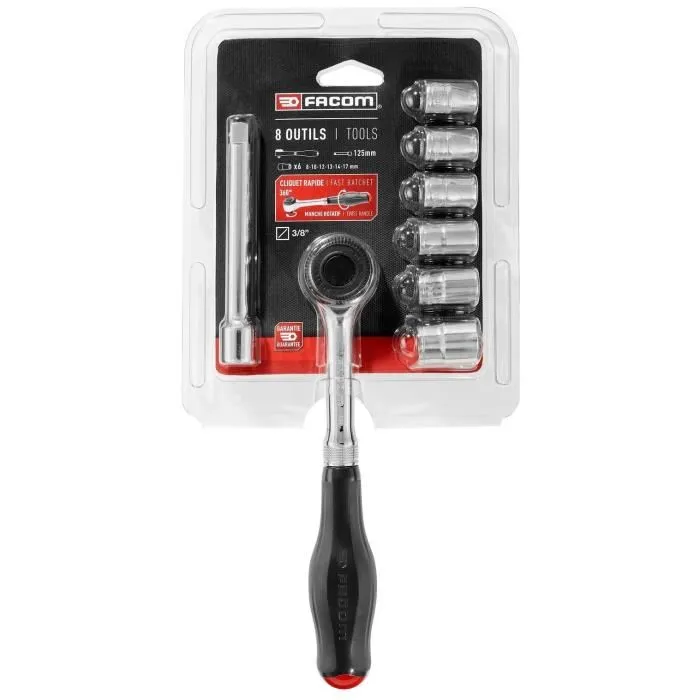 Facom J.360PACKPB - Cliquet réversible 1/4 8-17 mm avec 6 douilles 6 pans et rallonge de 125 mm - Composition de serrage professionnelle
