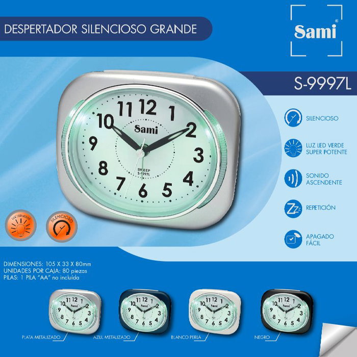 SAMI Réveil grand carré silencieux avec lumière LED