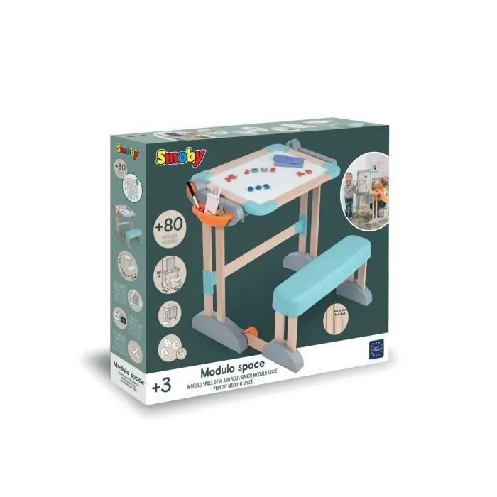 Smoby 420304 - Bureau Modulo Space pour Enfant Transformable en Tableau Double Face avec 80 Accessoires - Dès 3 Ans