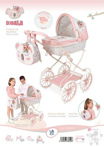 Decuevas Poussette de poupée pliable Koala avec sac à dos pour poupées jusqu'à 48 cm, 42x80x81 cm, métal et plastique Decuevas Poussette de poupée pliable Koala avec sac à dos pour poupées jusqu'à 48 cm, 42x80x81 cm, métal et plastique