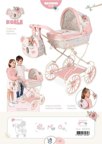 Decuevas Poussette de poupée pliable Koala avec sac à dos pour poupées jusqu'à 48 cm, 42x80x81 cm, métal et plastique Decuevas Poussette de poupée pliable Koala avec sac à dos pour poupées jusqu'à 48 cm, 42x80x81 cm, métal et plastique