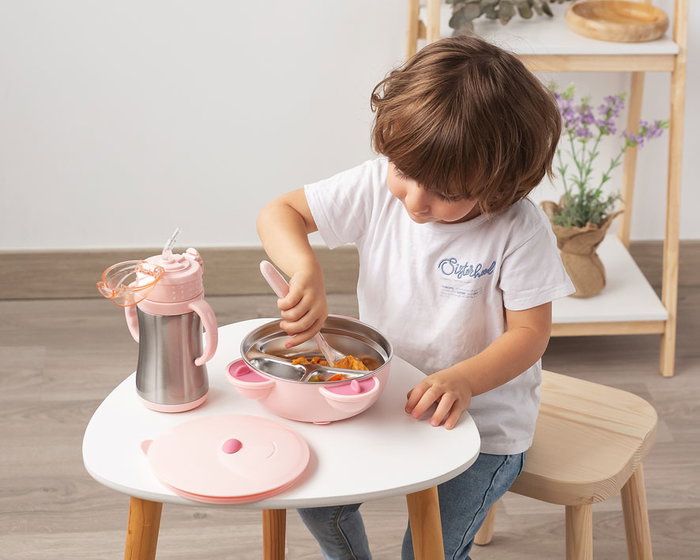 KioKids Bol alimentaire isotherme en acier inoxydable rose en forme d'ours avec ventouse et compartiment eau chaude, 450 ml, pour bébé +4 mois