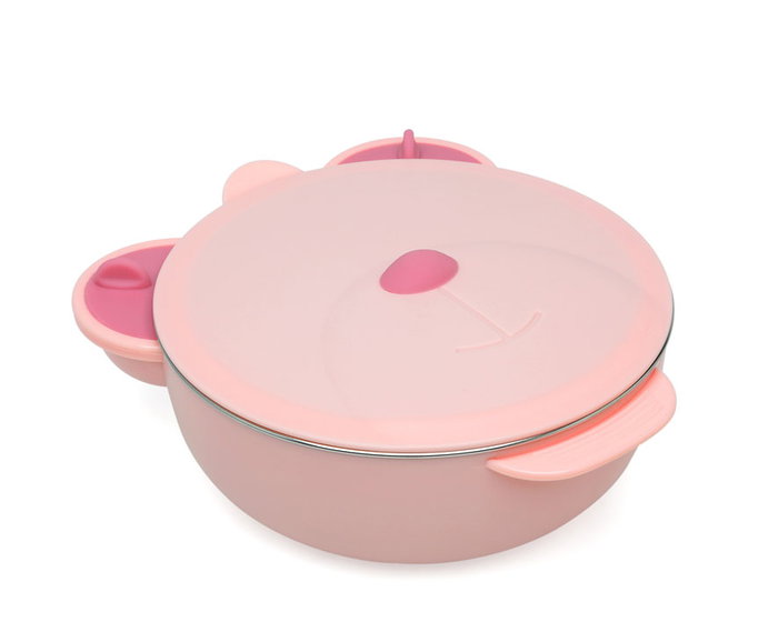 KioKids Bol alimentaire isotherme en acier inoxydable rose en forme d'ours avec ventouse et compartiment eau chaude, 450 ml, pour bébé +4 mois