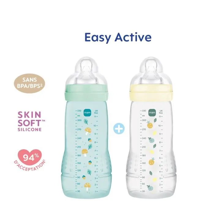 MAM - Lot de 2 biberons Easy Active pour bébés +6 mois - 330 ml - Tétine débit X - Couleurs Ice et Pearl - Biberon 2ème âge ergonomique avec col large MAM - Lot de 2 biberons Easy Active pour bébés +6 mois - 330 ml - Tétine débit X - Couleurs Ice et Pearl - Biberon 2ème âge ergonomique avec col large