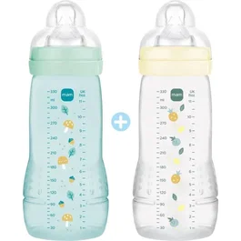 MAM - Lot de 2 biberons Easy Active pour bébés +6 mois - 330 ml - Tétine débit X - Couleurs Ice et Pearl - Biberon 2ème âge ergonomique avec col large