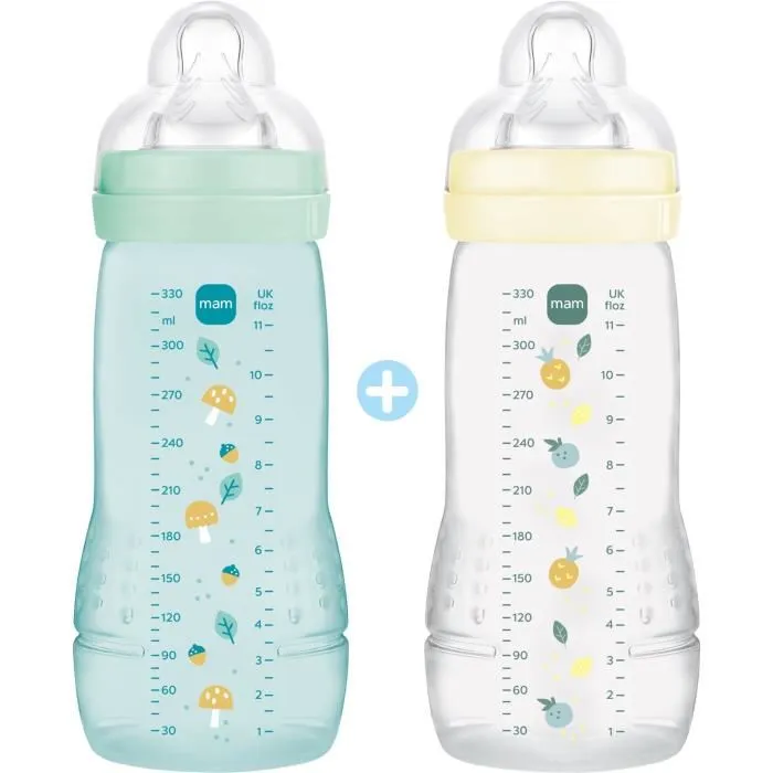 MAM - Lot de 2 biberons Easy Active pour bébés +6 mois - 330 ml - Tétine débit X - Couleurs Ice et Pearl - Biberon 2ème âge ergonomique avec col large MAM - Lot de 2 biberons Easy Active pour bébés +6 mois - 330 ml - Tétine débit X - Couleurs Ice et Pearl - Biberon 2ème âge ergonomique avec col large