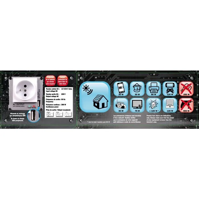 HTC TECHNIC Convertisseur automatique 12V/24V vers 220V 200W avec prise USB-A 0.5A - Protections surchauffe, surcharge et inversion de polarité