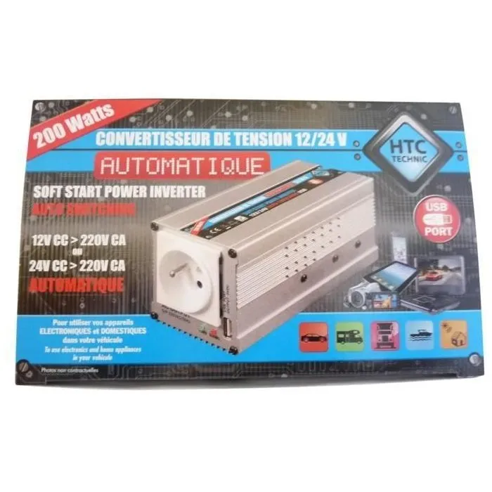 HTC TECHNIC Convertisseur automatique 12V/24V vers 220V 200W avec prise USB-A 0.5A - Protections surchauffe, surcharge et inversion de polarité