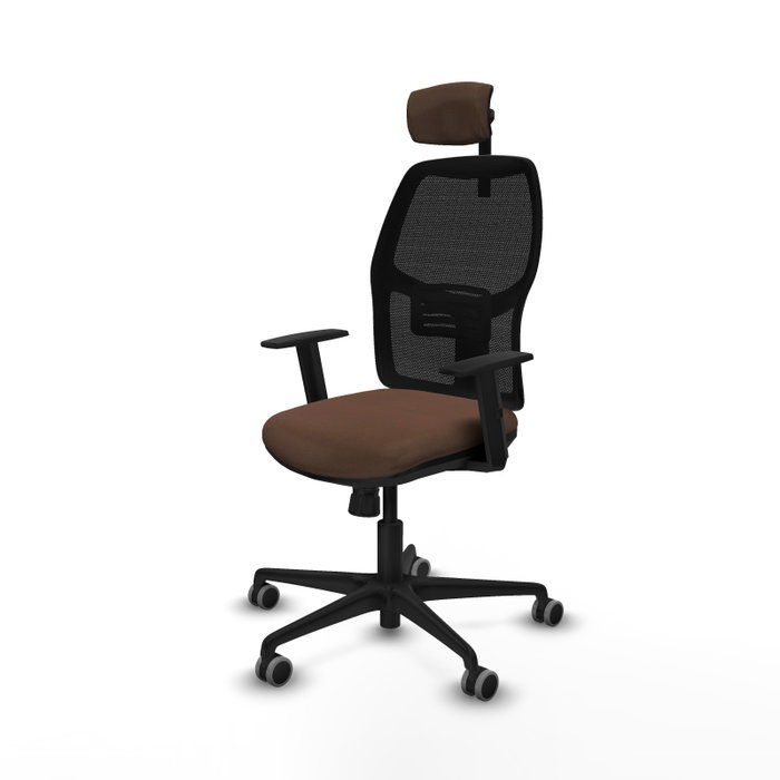 Chaise Alfera Synchro 4 positions tissu Marron foncé Maille Noir Base en nylon noir Accoudoir 1D Appui-tête 2D Roulettes 65mm pour moquette