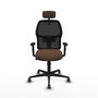 Chaise Alfera Synchro 4 positions tissu Marron foncé Maille Noir Base en nylon noir Accoudoir 1D Appui-tête 2D Roulettes 65mm pour moquette