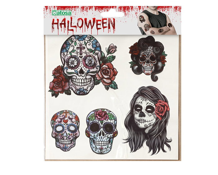 Tatouages temporaires multicolores avec crânes et roses pour le Jour des Morts
