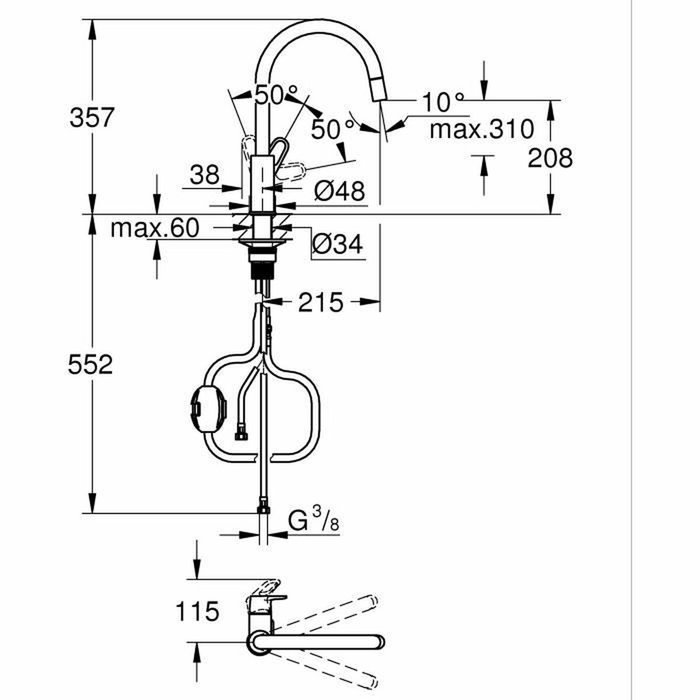 Grohe Mitigeur de cuisine Start Flow, Bec en C et Mousseur extractible, Chromé