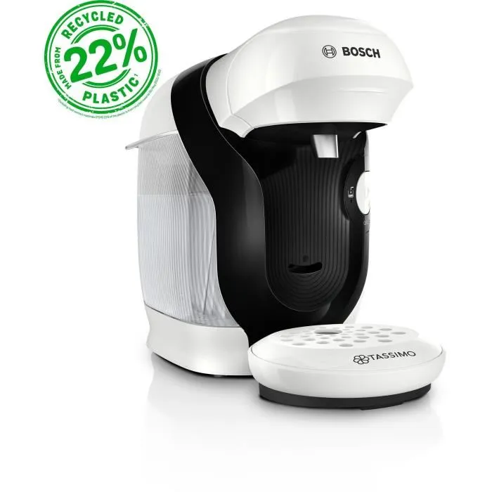 Bosch TASSIMO T11 Style - Machine à café multi-boissons automatique, blanc, 1400 W, réservoir 0.7L, nettoyage auto, plastique recyclé Bosch TASSIMO T11 Style - Machine à café multi-boissons automatique, blanc, 1400 W, réservoir 0.7L, nettoyage auto, plastique recyclé
