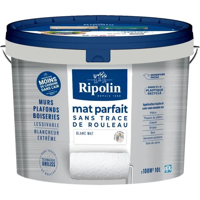 Ripolin 441726 - Peinture pour murs et plafonds Blanc Mat 10 L - Technologie Uniliss - Finition mat, lessivable, classe A+ Ripolin 441726 - Peinture pour murs et plafonds Blanc Mat 10 L - Technologie Uniliss - Finition mat, lessivable, classe A+