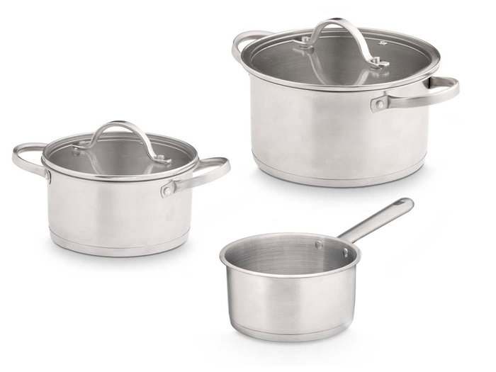 KINVARA Set de 3 casseroles en acier avec couvercles en verre de 16, 18 et 20 cm