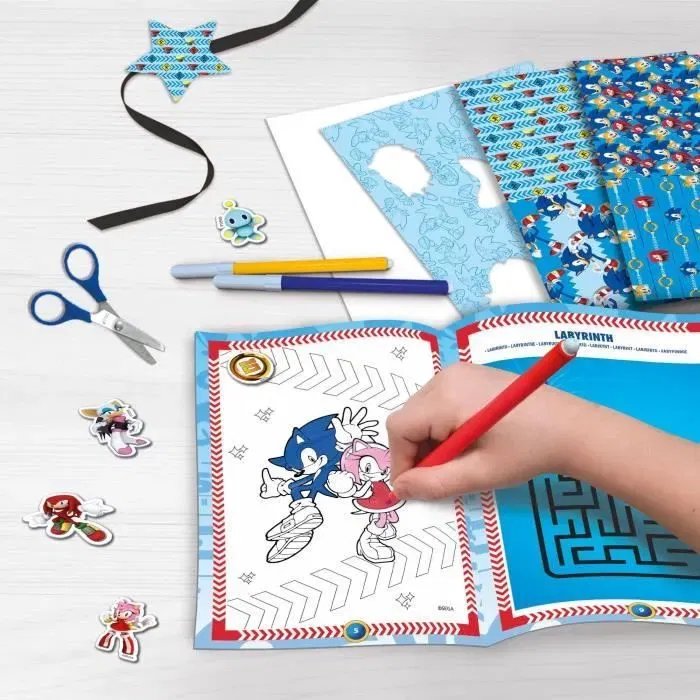 Liscianigiochi Kit de Bureau Créatif Sonic - Coffret Activités Créatives avec Mallette, Coloriage, Porte-stylo et Autocollants - Dès 5 ans