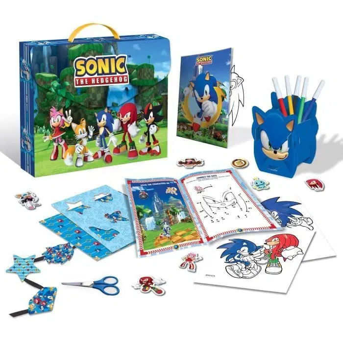 Liscianigiochi Kit de Bureau Créatif Sonic - Coffret Activités Créatives avec Mallette, Coloriage, Porte-stylo et Autocollants - Dès 5 ans