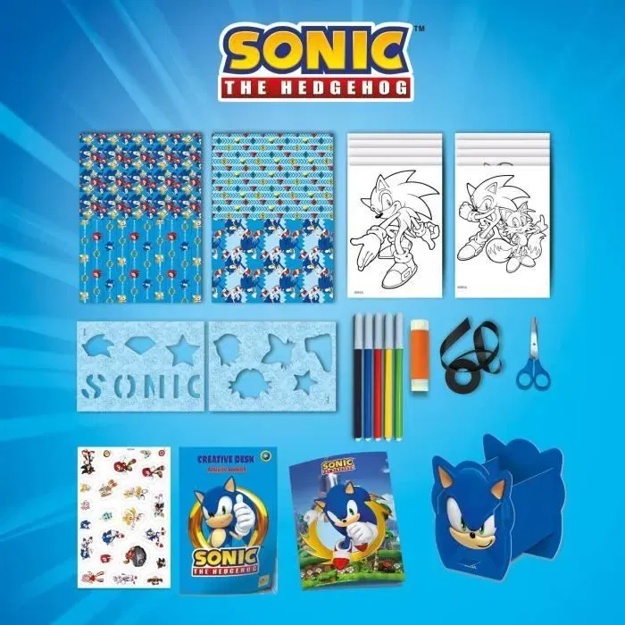 Liscianigiochi Kit de Bureau Créatif Sonic - Coffret Activités Créatives avec Mallette, Coloriage, Porte-stylo et Autocollants - Dès 5 ans