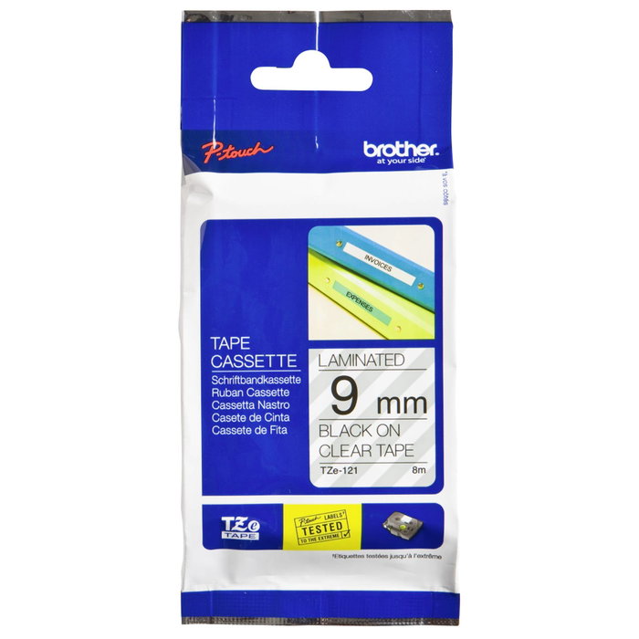 Brother TZe121 Ruban de marquage laminé 9 mm transparent/noir 8 m