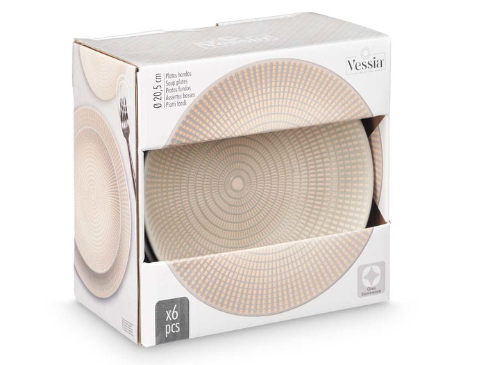 Vessia Assiette Creuse 20.5 cm Gris Céramique Motif Gravé (Set de 24)