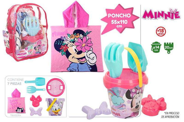 Color Baby Set de plage Minnie avec sac à dos seau, 7 accessoires et poncho