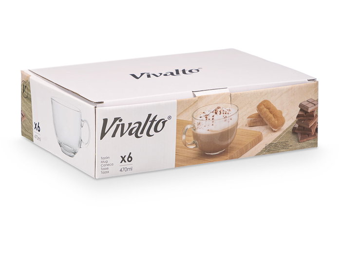 Vivalto Bol Petit Déjeuner en Verre avec Anse Jumbo 470 ml 13x8x10 cm Transparent (Set de 48)