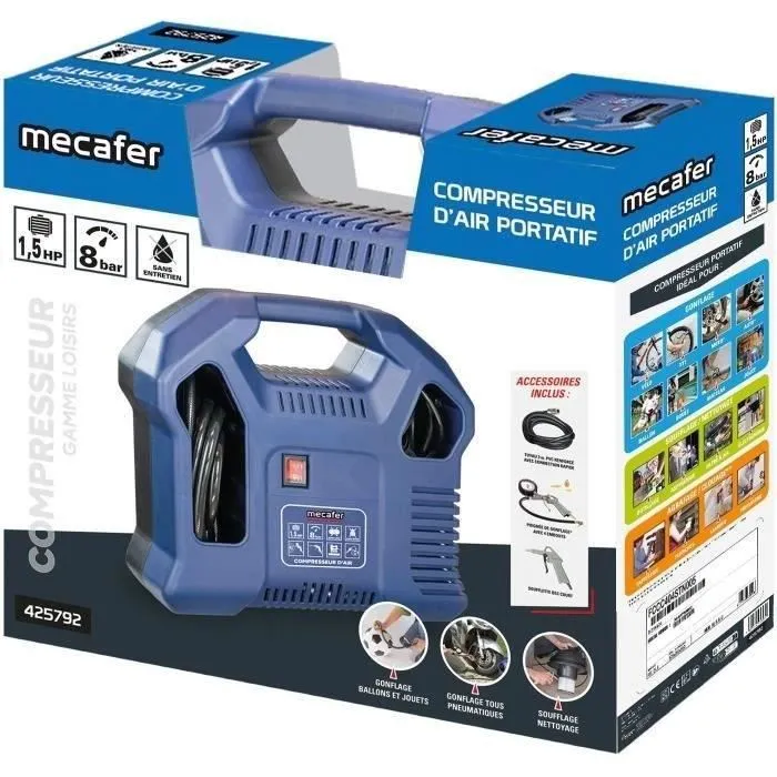 Mecafer 425792 - Compresseur d'air sans cuve, 1.5 HP, 8 bars, bleu, compact et léger pour bricolage Mecafer 425792 - Compresseur d'air sans cuve, 1.5 HP, 8 bars, bleu, compact et léger pour bricolage