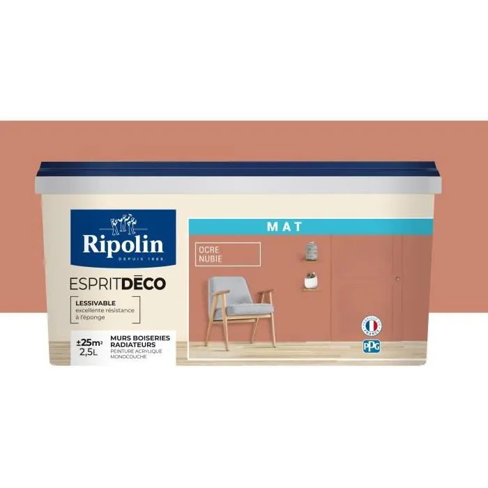Ripolin - Peinture acrylique murale intérieure mate, Ocre Nubie, Multi-supports (papier peint inclus), Rendement 25 m², Pot de 2.5L