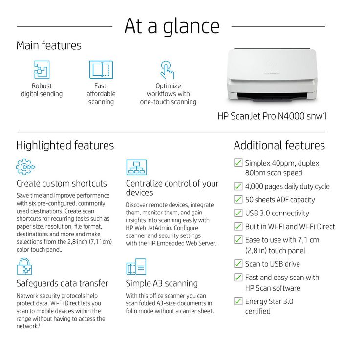HP ScanJet Pro N4000 snw1 - Scanner à alimentation automatique document, recto verso 40 ppm, 300 ppp couleur, ADF 50 pages