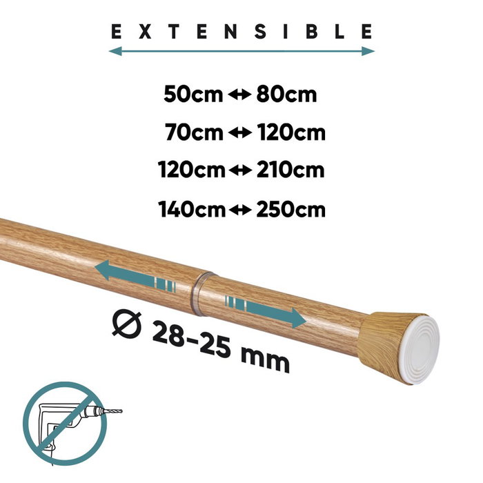 Cintacor - Storplanet Barre extensible multiuso à pression sans perçage en bois 70-120 cm diamètre 2,8-2,5 cm charge 5,5 kg Cintacor - Storplanet Barre extensible multiuso à pression sans perçage en bois 70-120 cm diamètre 2,8-2,5 cm charge 5,5 kg