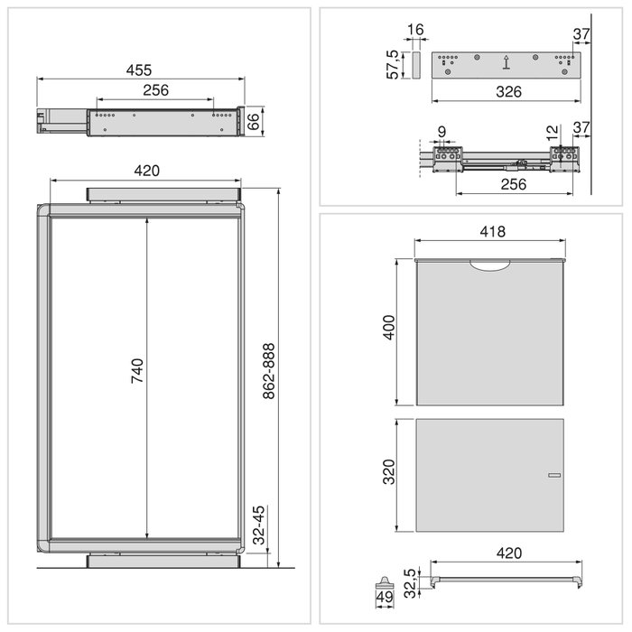 Emuca Kit de porte-pantalon à 7tringles, panier et rack ajustable Quartz pour armoires, glissières extension totale et à fermeture douce, Module 90cm, Finition Titane