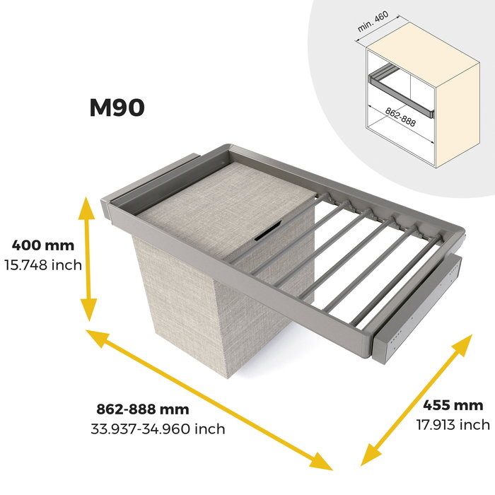Emuca Kit de porte-pantalon à 7tringles, panier et rack ajustable Quartz pour armoires, glissières extension totale et à fermeture douce, Module 90cm, Finition Titane