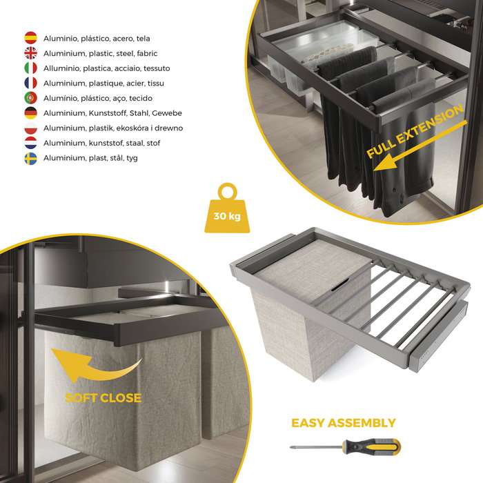 Emuca Kit de porte-pantalon à 7tringles, panier et rack ajustable Quartz pour armoires, glissières extension totale et à fermeture douce, Module 90cm, Finition Titane