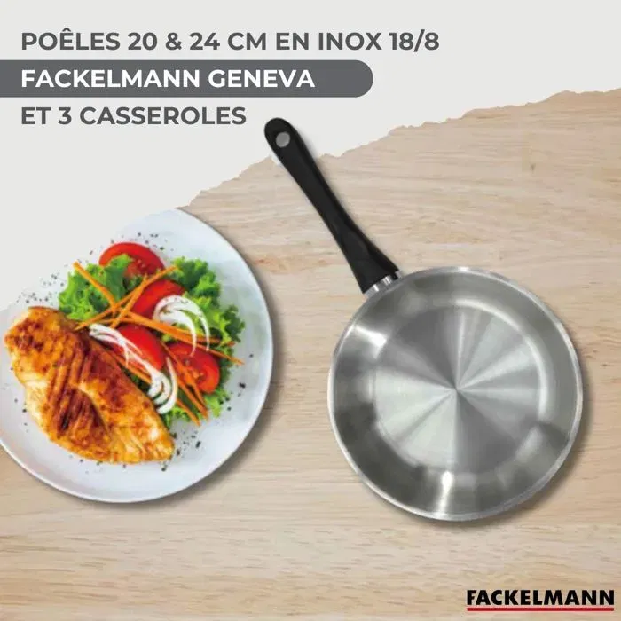 Fackelmann Batterie de cuisine en inox 11 pièces Geneva - 2 poêles 20 & 24 cm, 3 casseroles 12, 16, 20 cm, 6 ustensiles, Tous feux dont induction