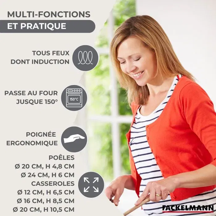 Fackelmann Batterie de cuisine en inox 11 pièces Geneva - 2 poêles 20 & 24 cm, 3 casseroles 12, 16, 20 cm, 6 ustensiles, Tous feux dont induction